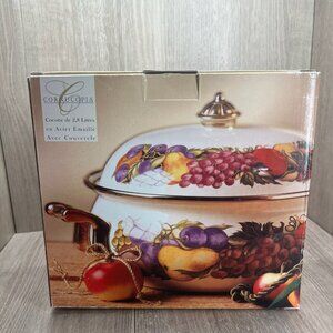 Cornucopia Enamel On Steel 3 Quart Covered Casserole Fruit Pattern Brass Handle